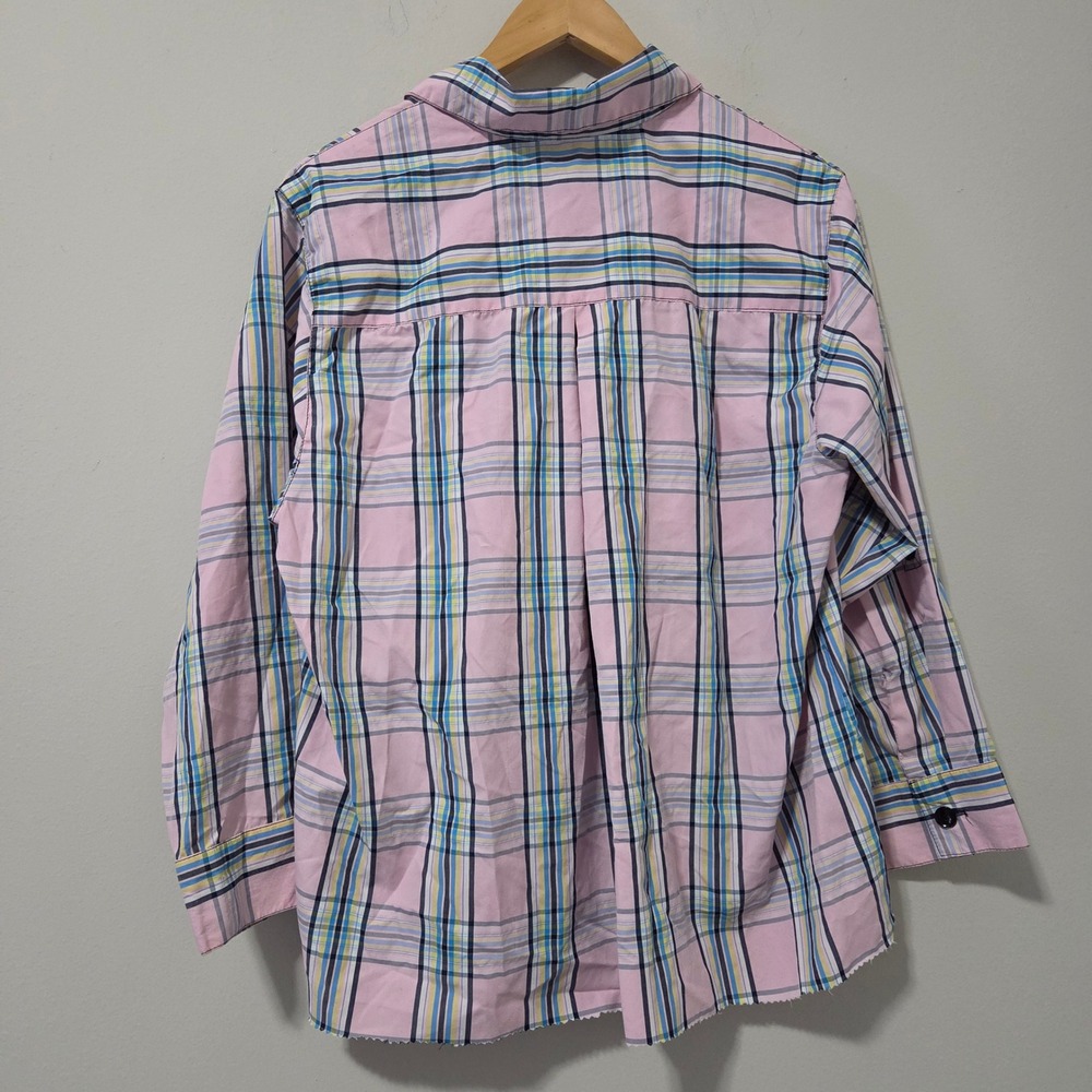 Thrill Jeans Womens 1X Pink Plaid Roll Tab Sleeve Button Up Shirt Raw Hem - Picture 6 of 6